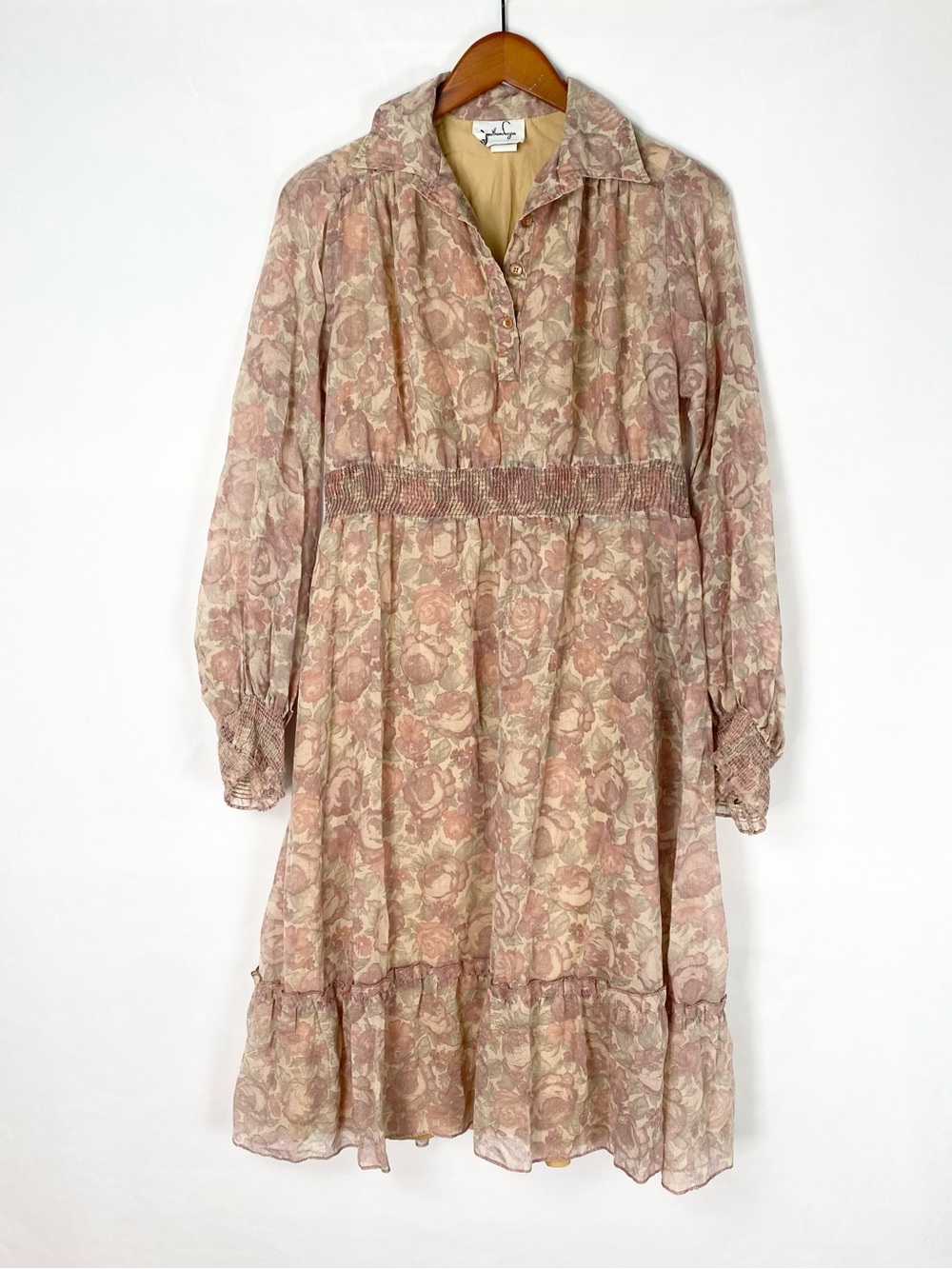 Vintage Jonathan Logan Midi Dress Floral Colored Airy Boho Size 9/10 Long Sleeve